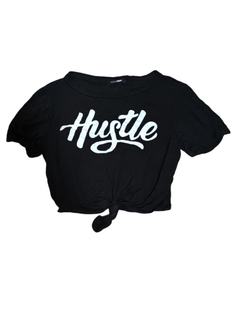 Fashion Nova Hustle Tie-Front Crop Top - Black & White Hustle Logo